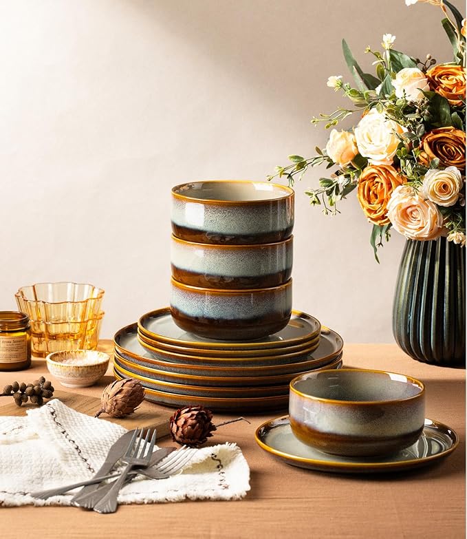 Ceramic Dinnerware Set for 8, 24-Piece Plates and Bowls Set | Handmade Reactive Glaze Dish Set, Scratch Resistant, Oven & Microwave & Dishwasher Safe, Dusk Blue