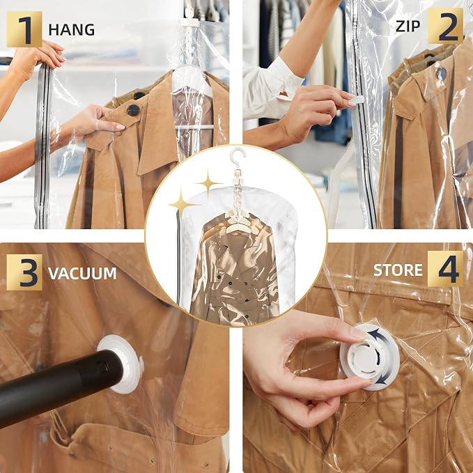 TAILI Hanging Vacuum Storage Bags Clothes, Coats, Jackets,6 Jumbo Clear | Vacuum Seal Bags for Clothing, Space Saver Winter Clothes Storage Closet Organizer Garment Storage