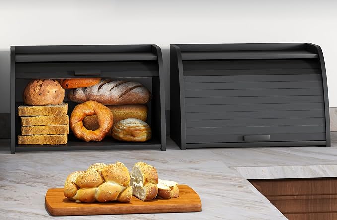 Black Bread Box for Kitchen Countertop, Bamboo Wood Bread Box, Wooden Corner Bread Storage Capacity