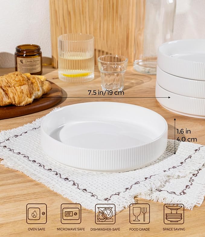 7.5" Ceramic Pasta Bowls Set of 4, Salad Bowls | Versatile Serving Bowls for Pasta, Salad, Fruit & Noodles, Housewarming & Wedding Gift, Bright White