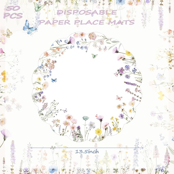 G.R.I - 50 Pcs Summer Flower Paper Place Mats, Watercolor Wildflower Butterfly Disposable Scalloped Place Mats, Spring Floral Round Placemats for Bridal Shower Birthday Wedding Baby Shower Party