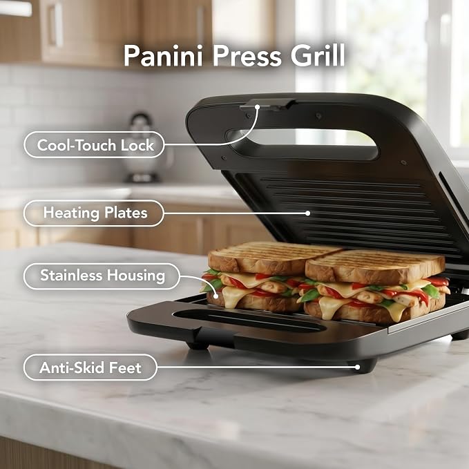 OVENTE Electric Sandwich Maker, 750W Non-Stick Plates, Black GP0401B | Perfect for Grilled Cheese, Tuna Melts, Omelets, French Toast, Breakfast Favorites, Light Meals, and Snacks