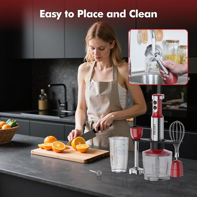 Immersion Blender Handheld 1200W, 20-Speed 5-in-1 Handheld Mixer | 4 Stainless Steel Blades, Milk Frother, Whisk, Beaker, for Smoothies, Protein Shakes, Kitchen Use, BPA-Free, Red