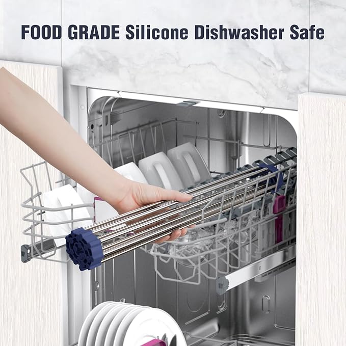 Tomorotec Roll Up Dish Drying Rack Over Sink, 304 Steel, 17.7x12.5, Indigo | Anti-Slip Silicone Rims For Grip, Heat-Resistant Trivet Mat Holding Heavy Cookware, Rustproof Kitchen Counter Space Saver