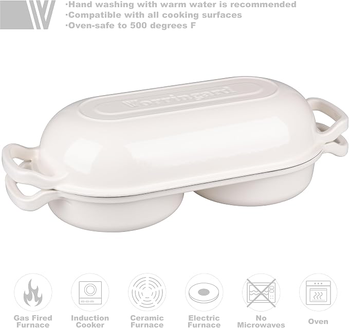 Enameled Cast Iron Double Dutch Oven with Lid, Dual Round Loaf Pan, Bread pan for Homemade Sourdough Bread Baking, White