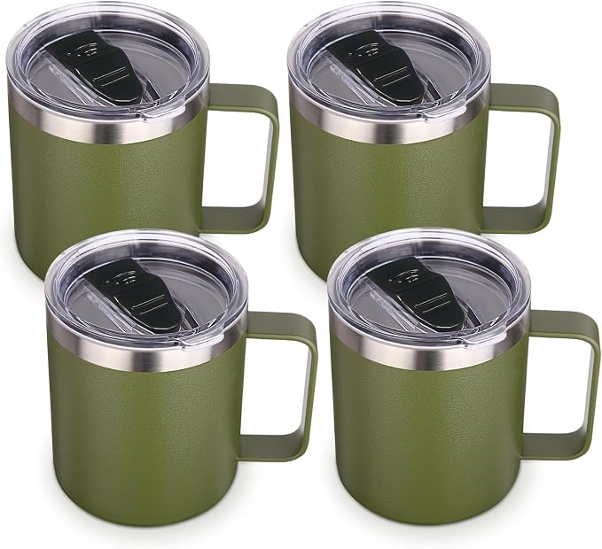 Volhoply 14oz Insulated Stainless Steel Coffee Mug with Lid Bulk 4 Pack,Double Wall Vacuum Travel Coffee Cup with Handle,Reusable Cups Tumbler,Camping Mugs Keep Hot,Ideal Gifts(Army Green,4)