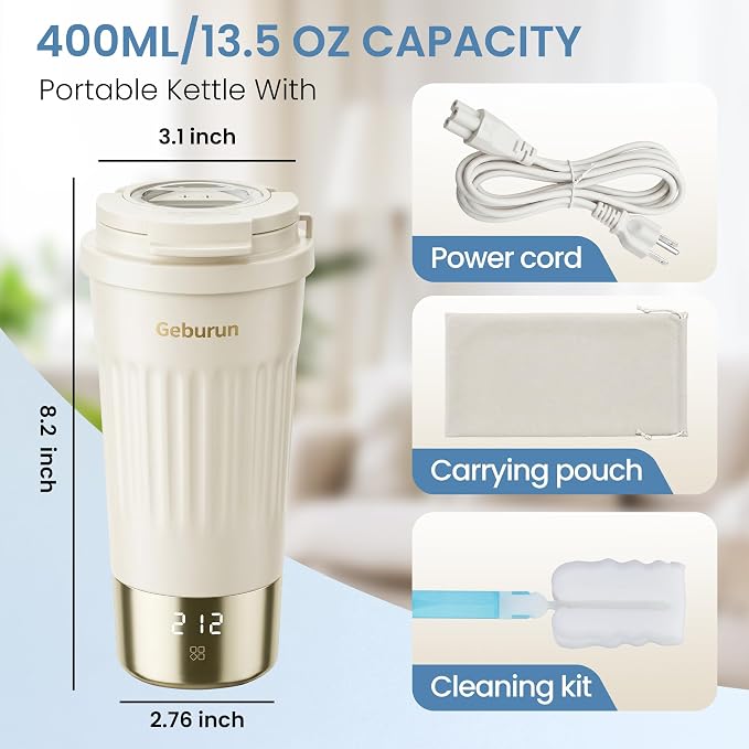 Travel Electric Kettle Portable Water Boiler, 400ml Small Tea Maker with 6 Temp Settings LCD Display, 316 Stainless Steel Vacuum Insulated Tumbler, 100V-240V, Travel Gifts for Men Women(White)