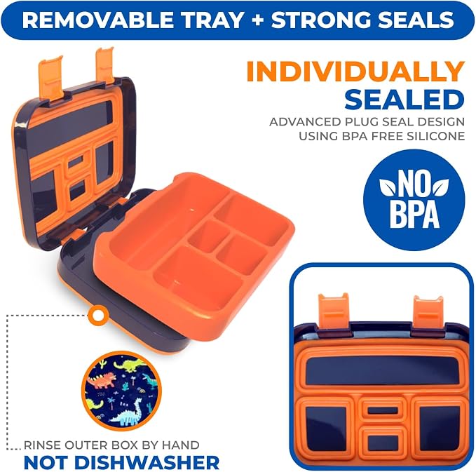 kinsho Dinosaur Bento Lunch Box Container for Small Kids Boys, Blue Orange | 5 Portion Sections, BPA-Free Spill-Proof Leakproof Removable Plastic Tray, Snacks and Lunches for Toddlers Pre-School Daycare