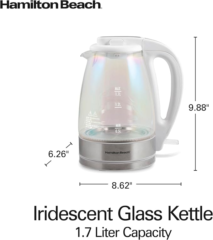 Hamilton Beach 1.7 Liter Electric Tea Kettle, Water Boiler & Heater | Fast Boiling 1500 Watts | BPA Free | Cordless Serving | Auto-Shutoff & Boil-Dry Protection | LED Indicator | Iridescent Glass