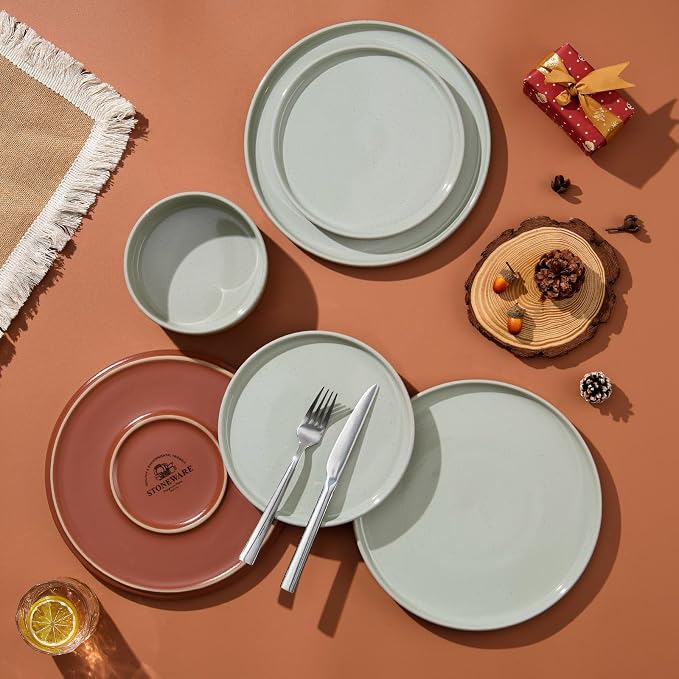 LIANYU 12 Piece Dinnerware Set for 4, Modern Style Stoneware Dinnerware Set | Scratch Resistant, Dishwasher Safe Bowl and Plate Sets, Ceramic Dish Dinner Set, Laurel Green