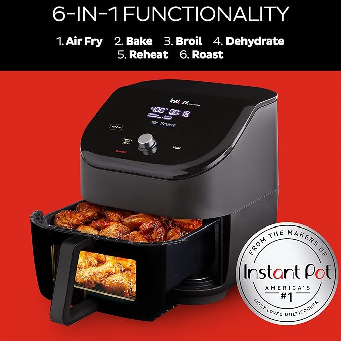 Instant Pot Vortex Plus 6QT ClearCook Air Fryer, Clear Windows, Custom Program Options, 6-in-1 Functions, Crisps, Broils, Roasts, Dehydrates, Bakes, Reheats, from the Makers of Instant Pot, Black