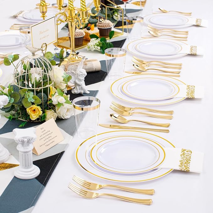350 Pieces White and Gold Plastic Plates - 50 Guest Dinnerware Set Include 100 Plates, 50 Gold Plastic Silverware, 50 Paper Napkins and 50 Cups for Wedding/Baby Shower/Birthday/Party