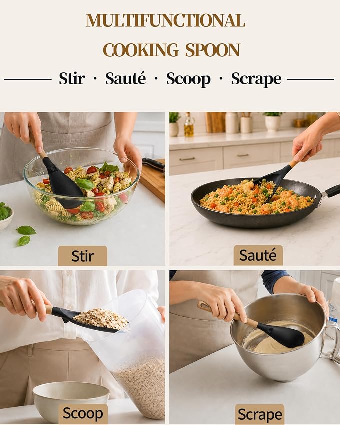 Astercook Cooking Spoon, 2 Pack, Nonstick Safe Silicone Spatula | Long Wooden Handles, Heat Resistant, BPA-Free, Built-in Spoon Rest, Spatula Spoon For Stirring, Scooping, Scraping & Serving