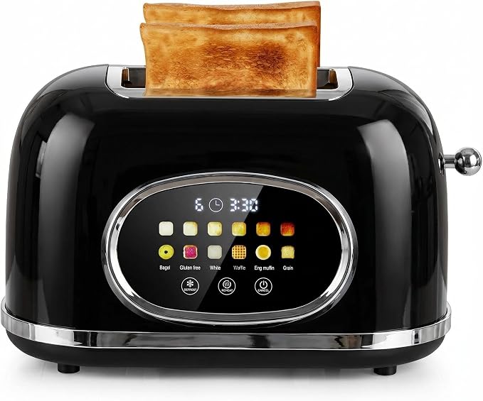 Roter Mond Smart 2 Slice Toaster, Touchscreen, Bagel Defrost, Retro Black | Retro stainless steel, digital timer & sleep mode, 6 bread types & shades, defrost/reheat/cancel,even toasting wide slots