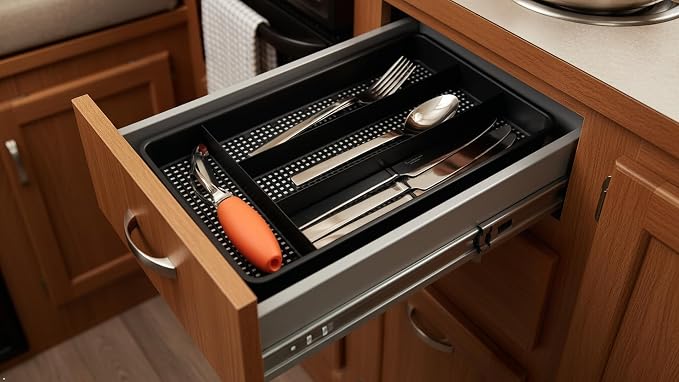 Dial Industries Small Utensil Silverware Kitchen Drawer Organizer, Black | Keeps forks, spoons and flatware neatly separated, Compact fit for shallow drawers, Great for RVs, campers or everyday use