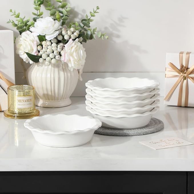 MALACASA Mini Pie Pans Set 6, 6 Inch Ceramic Quiche Tart Pans White | Small Pie Plates for baking for Quiche, Tart, Individual Pot Pie