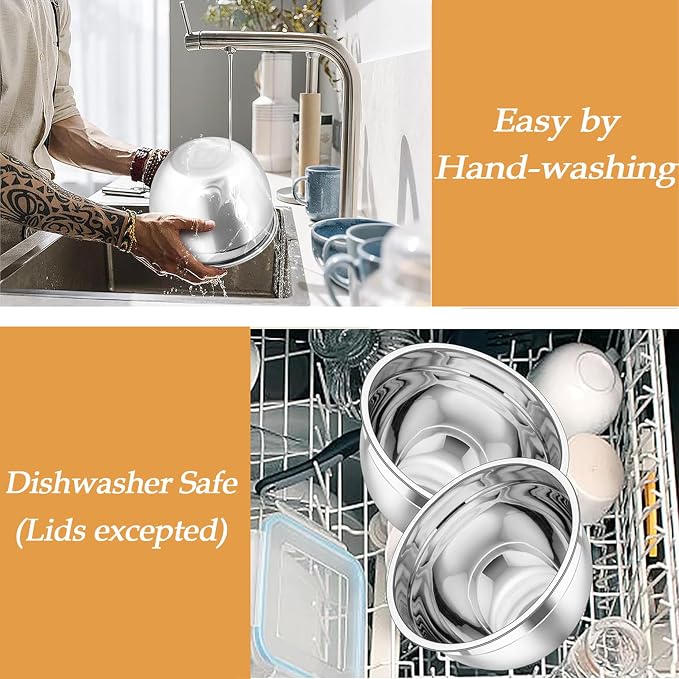 TeamFar Mixing Bowls, Stainless Steel Nesting Salad Bowls Set | Mixing Bowls with Lids & 3 Grater Attachments, For Mixing/Serving/Storing, Non-toxic & Long-lasting, 4.6/3/1.5 QT, Khaki