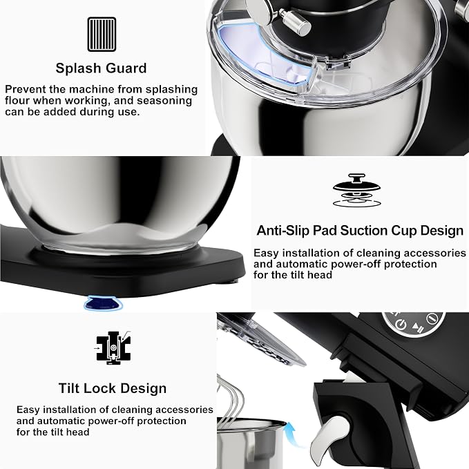 8.45 QT All Metal Stand Mixer,10 Speed Large Capacity Kitchen Mixer with Digital Timer & Tilt-Head, Electric Mixer with Whisk Dough Hook Mixing Beater for Baking,Cakes,Cookie,Bread,Salad (Black)