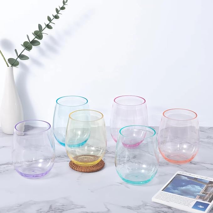 KOXIN-KARLU Classic 18-ounce Acrylic Stemless Wine Glasses, Unbreakable Mixed Drinkware Plastic Tumbler, set of 12 Mutlicolor