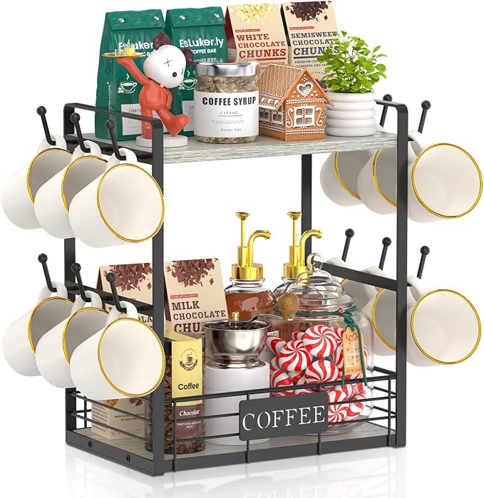 EsLuker.ly Coffee Mug Cup Holder Tree Bar Station Organizer, 2 Tier Light Grey