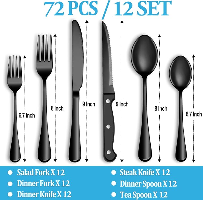 72 Pcs Black Silverware Set with Steak Knives, Stainless Steel Flatware Cutlery Set for 12, Kitchen Tableware Sets, Utensil Sets for Home and Restaurant, Dishwasher Safe