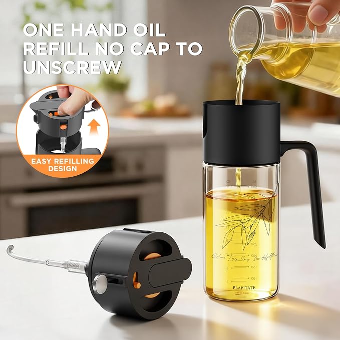 PLAPITATE 2Pcs 17oz Premium Olive Oil Sprayer for Cooking, 2 in 1 Glass Olive Oil Dispenser Bottle for Kitchen Gadgets, Spray Bottle with Portion Control for Salad, Frying, BBQ (Black & Gray)