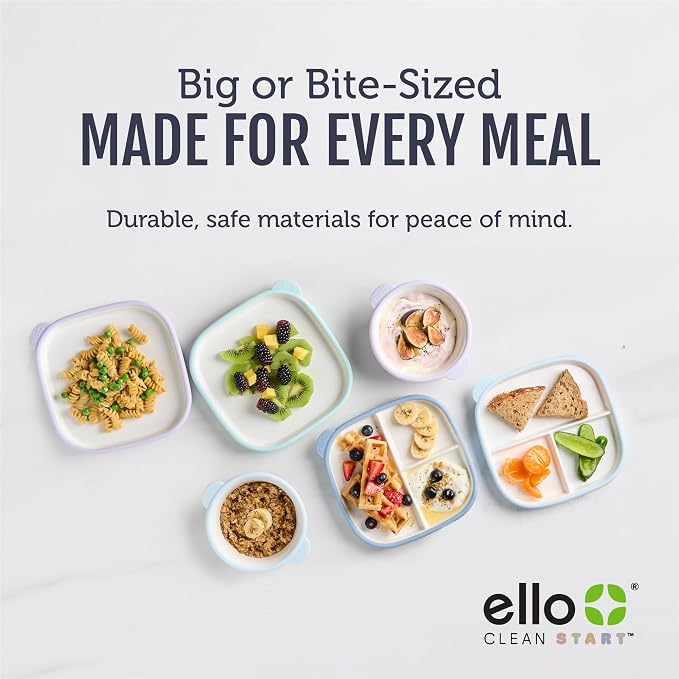 Ello Clean Start Ceramic Toddler Plates with Sleeves, 2 Pack, Dewdrop/Grayed Jade
