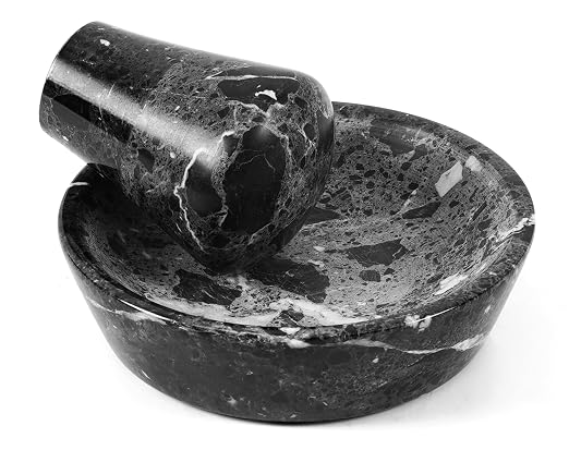 Mortar and Pestle Set, Black Marble 5.5 Inch Wide Shallow Mortar with Pestle, Manual Spice Grinder for Herbs, Garlic, Ginger, Pesto, Guacamole, Salsa and Fresh Seasoning