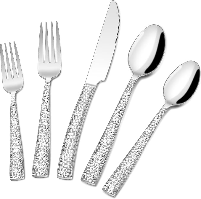 Hammered Silverware Set, 40-Piece Stainless Steel Wave Flatware Set for 8, Food-Grade Tableware Cutlery Set, Utensil Sets for Home Restaurant, Mirror Finish, Dishwasher Safe