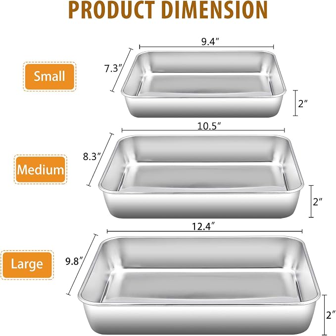 E-far Baking Pans Set of 3, Stainless Steel Sheet Cake Pan for Oven | 12.5/10.5/9.4Inch, Rectangle Bakeware Set for Cake Lasagna Brownie Casserole Cookie, Non-toxic & Healthy, Dishwasher Safe