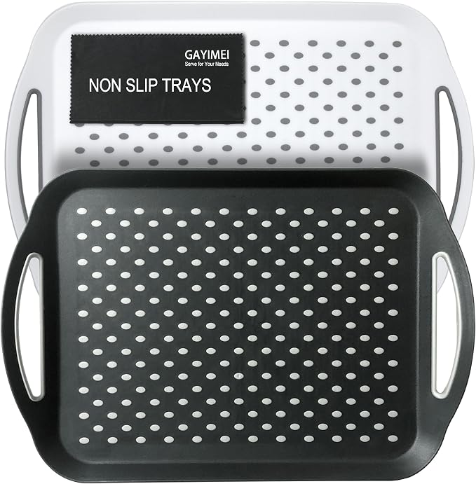 Large Anti-Slip Serving Tray with Handles, Dual Rubber Grippy Lap Food Trays for Eating, Dinning, Breakfast, on Couch/TV, Black & White - Set of 2