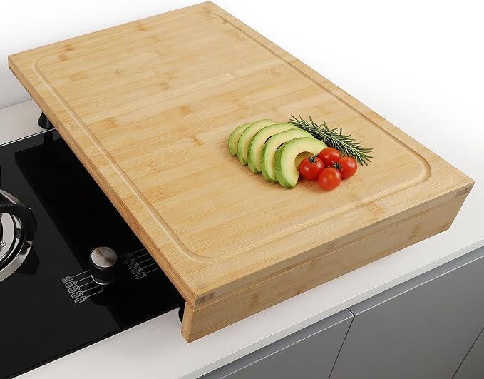 BAMOTTO CRAFTBAMBOO 16 x 22 Inch Bamboo Cutting Board — Stovetop Cover, Over the Sink Board with Detachable Legs & Non-Slip Lip, Juice Groove, Kitchen Countertop Extender for Apartment, RV