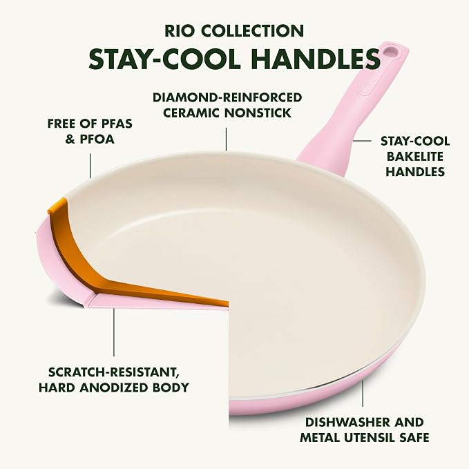 GreenPan Rio Healthy Ceramic Nonstick 8" Frying Pan Skillet and Silicone Spatula Set, Soft Grip Handle, Breaktfast Meal Set, PFAS-Free, Dishwasher Safe, Oven Safe, Pink