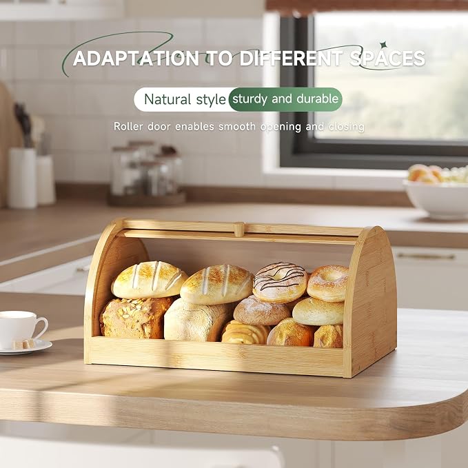 STDDRE Corner Bread Box for Kitchen Countertop Roll Top Bread Box Kitchen Food Storage Box for Homemade Bread Bread Holder for Kitchen Counter Pantry Shelf (Natural)