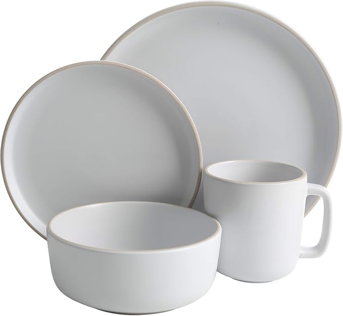 Gibson Home Zuma 16 Piece Round Kitchen Dinnerware Set, Dishes, Plates, Bowls, Mugs, Service for 4, Matte Stoneware, White