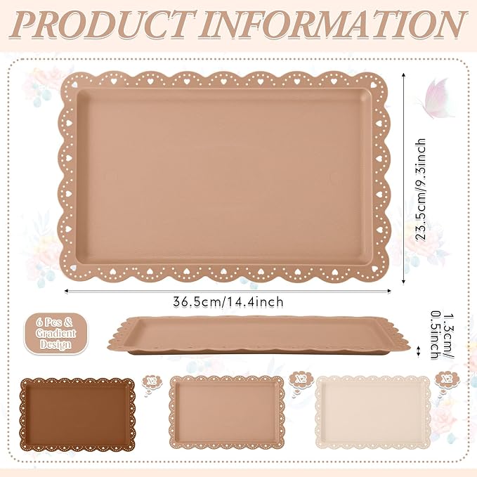6 Pcs Brown Serving Trays Plastic Platters Dessert Cupcake Holder Party Supplies 14.4 x 9.3 Inches Rectangular Cookie Snack Display Tray for Wedding Restaurant
