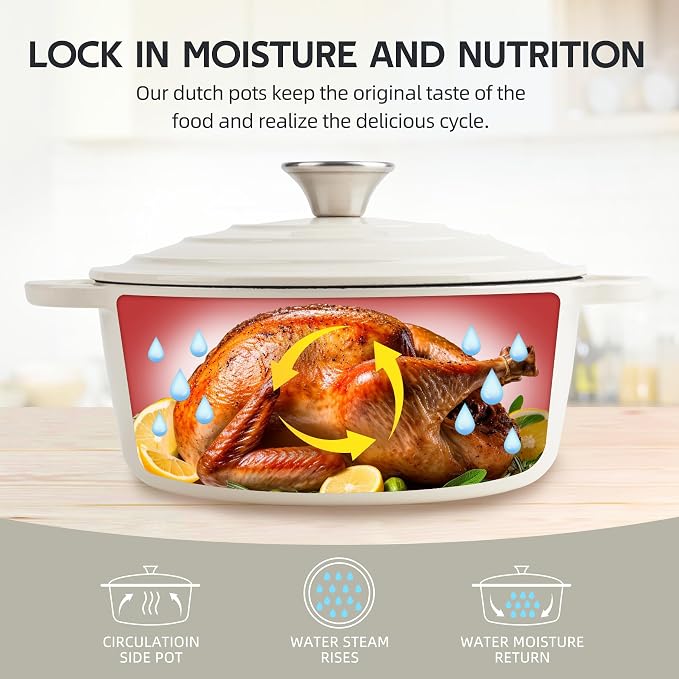 6 Quart Dutch Oven Enameled Cast Iron with Lid - Big Dual Handles - Oven Safe up to 500°F - Classic Round Pot for Versatile Cooking Cream