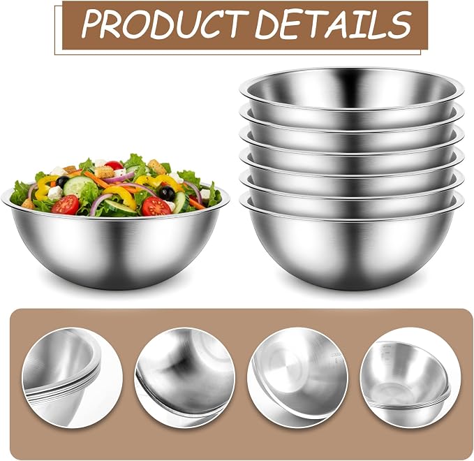 12 Pcs Stainless Steel Mixing Bowls with Graduations, Stainless Steel Bowls, Nesting Metal Prep Salad Bowl, Metal Serving Reusable Baking Food Storage Containers for Kitchen Cooking(9 x 3.5 Inch)