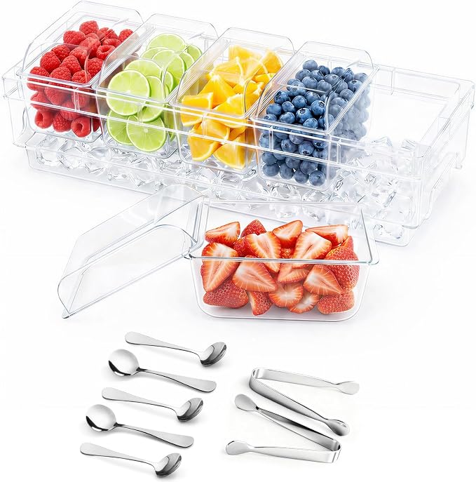 Lifewit Chilled Condiment Caddy with Stainless Steel Spoons & Tongs | Handle Design, BPA-free Condiment Server with 5 Removable Containers, Ice Garnish Tray for Taco, Mimosa & Dirty Soda Bar