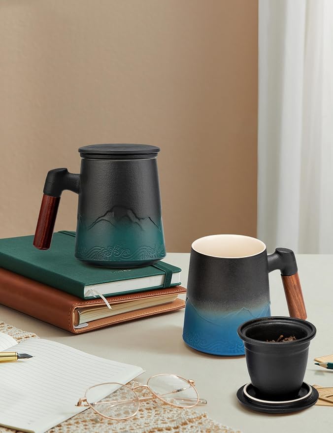 suyika Tea Cup with Infuser and Lid, Gradient Black & Blue, 15.2oz /450ml | Ceramic Mug, Wood Handle, For Loose Leaf Tea