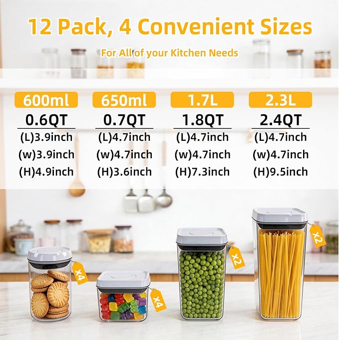 Pop Push Button Airtight Food Storage Containers 12 Pack | 4 Sizes: 0.65/0.7/1.8/2.4Qt, BPA-Free Clear Canisters for Pantry, Pasta, Cereal, Snacks, Coffee, Pet Food, Fridge