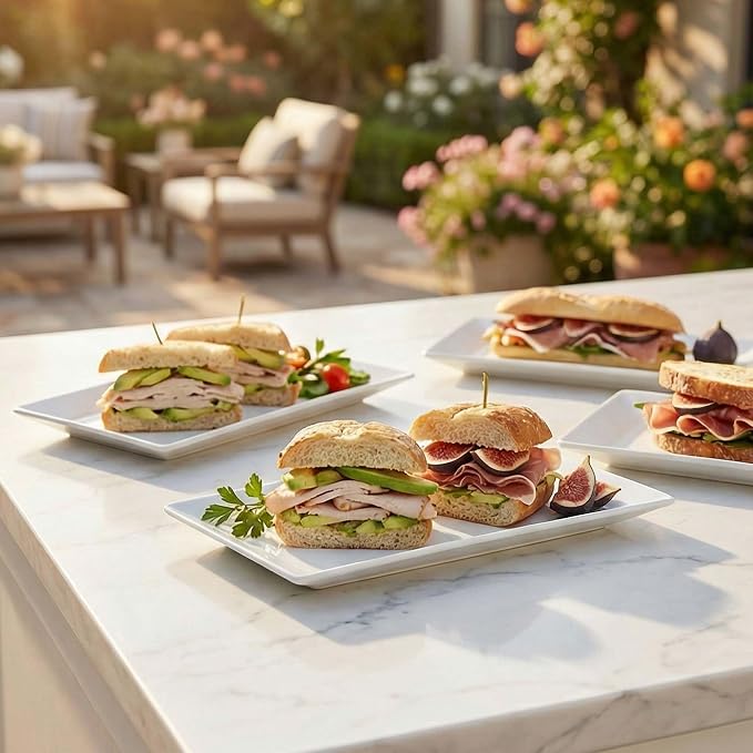 12" Serving Platters Set of 4, White Rectangular Plates, Ceramic Serving Tray, Stackable Large Party Plates for Appetizer, Dessert, Steak, Sushi, Housewarming Gift, Oven Dishwasher Safe