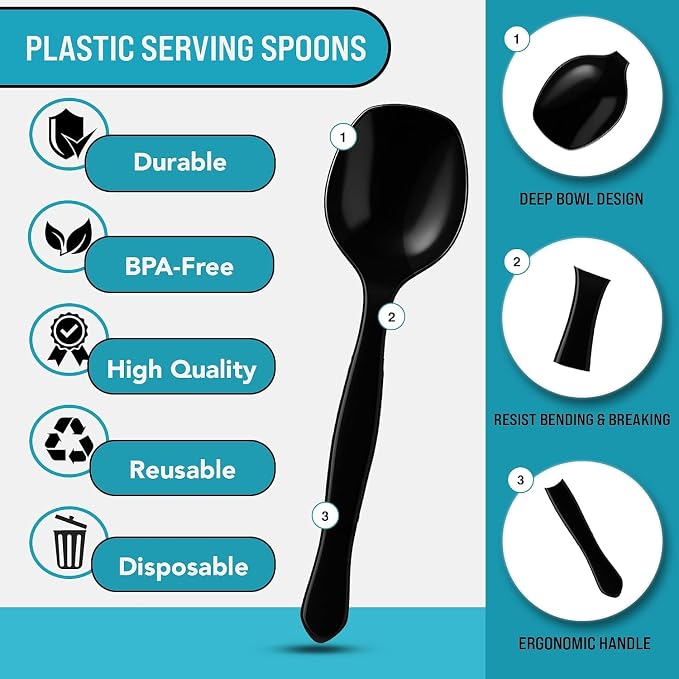 8.5" Black Plastic Serving Spoons for Buffet, Bulk 144 Count, Heavy Duty Disposable Spoon, Large Plastic Serving Utensils for Catering Supplies, Events, Party, Weddings & More – C&S Event Supply Co.