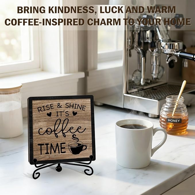Funny Coffee Bar Decor, 5"x5" Coffee Bar Sign | Rise & Shine It's Coffee Time Wood Plaque with Stand | Farmhouse Gift for Home Kitchen Tabletop Desk - A03