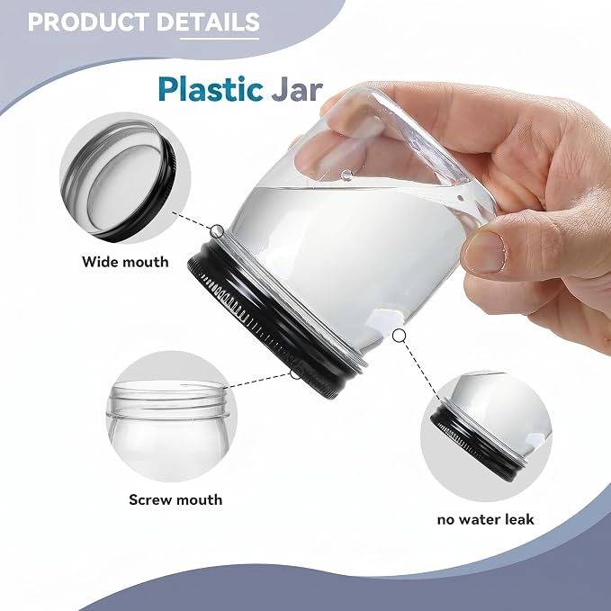 novelinks 8 oz Plastic Mason Jars and Clear Plastic Jars with Lids 8 oz | 32 Pack, Black, Plastic Containers with Lids, Small Mason Jars, Clear Jars Bulk, Spice Jars, Slime Jars, Mini Jars