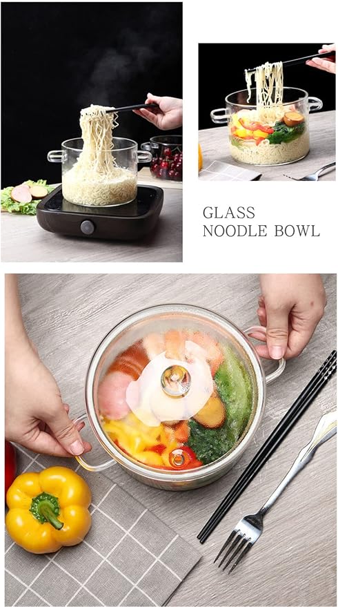 Glass Saucepan with Cover,2L/67OZ Heat-resistant Glass Stovetop Pot and Pan with Lid, The Best Handmade Glass Cookware Set Cooktop Safe for Pasta Noodle, Soup (1400 ml - Double-handled pot)