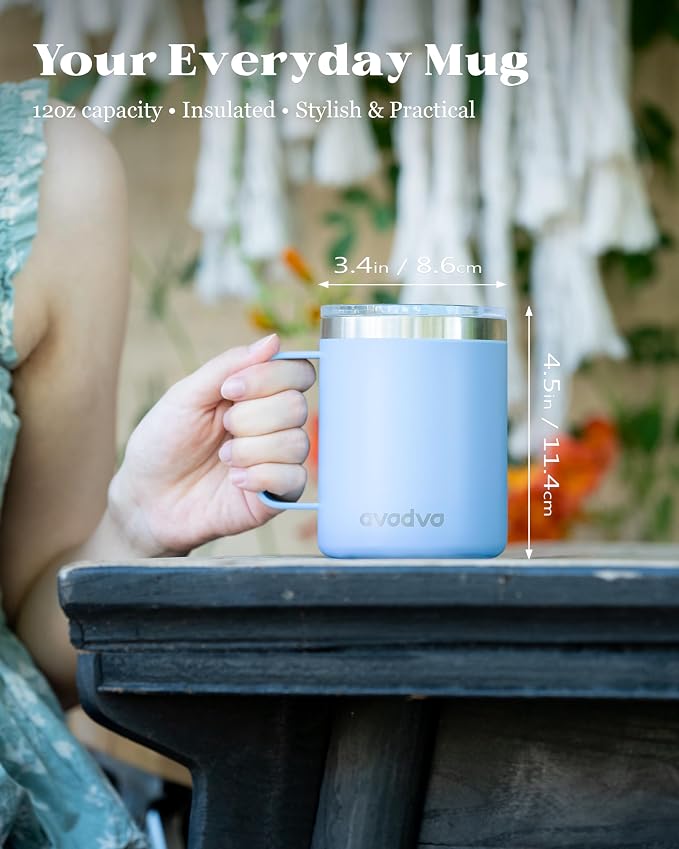 12oz Insulated Coffee Mug with Lid – Includes Two Lids, Stainless Steel Coffee Travel Mug with Handle, Double Wall Vacuum Insulated Camping Mug for Home, Office & Outdoor, Light Blue