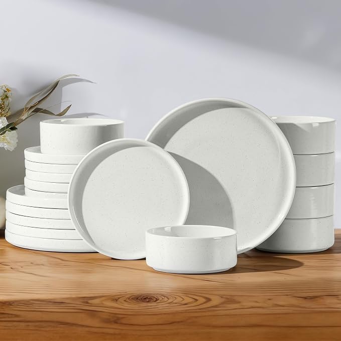 E-far Dinnerware Sets for 6, 18-Piece Stoneware Plates and Bowls Set, White | Modern Kitchen Dining Dishware, Chip and Scratch Resistant, Microwave & Dishwasher Safe, Speckled White