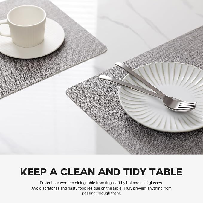 Baroyal Faux Leather Placemats Set of 6 Vinyl Washable Wipeable Table Mats for Kitchen Dining Table Heat Resistant Waterproof Modern Indoor/Outdoor Placemats Non-Slip Easy Clean Place Mats (Mid Gray)