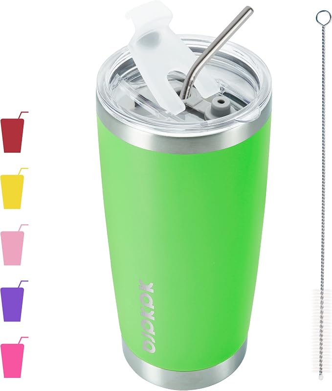 BJPKPK 20 oz Coffee Tumbler with Lid, Straw, Insulated Stainless Steel Mug | Double Wall Vacuum, Keeps Hot/Cold, BPA Free, Leak Proof, Iced Coffee Cup Fit Car Holder, Travel & Beach Ready, Green